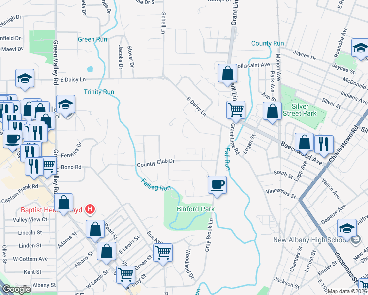 map of restaurants, bars, coffee shops, grocery stores, and more near 600 Country Club Drive in New Albany