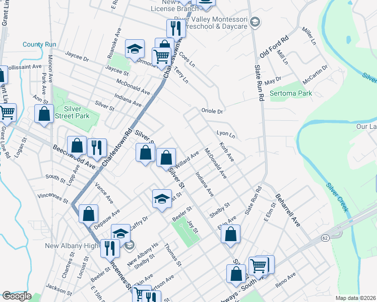 map of restaurants, bars, coffee shops, grocery stores, and more near 2130 Lake Street in New Albany