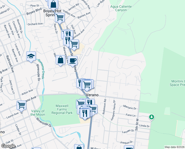 map of restaurants, bars, coffee shops, grocery stores, and more near 18850 Melvin Avenue in Sonoma