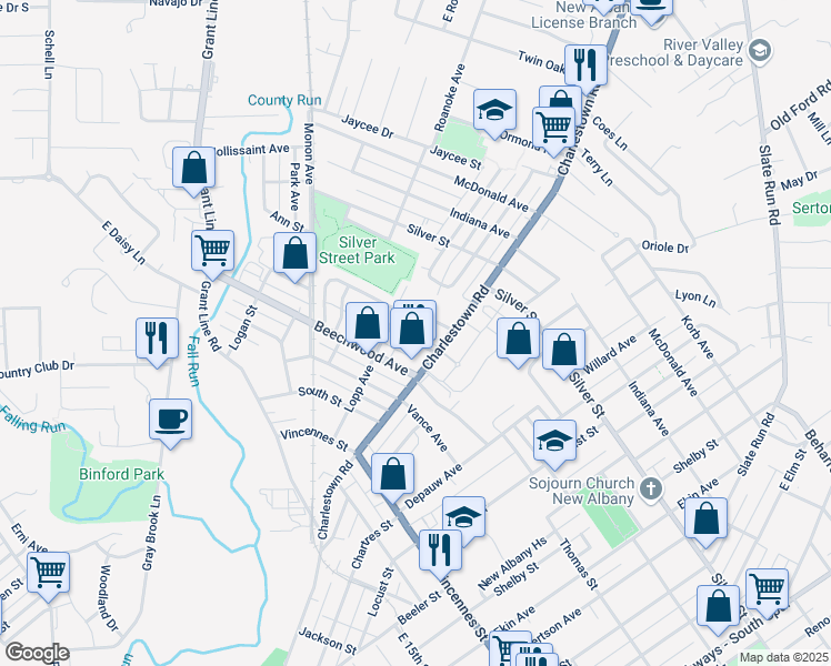 map of restaurants, bars, coffee shops, grocery stores, and more near 1328 Lincoln Avenue in New Albany