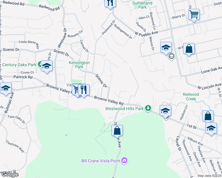 map of restaurants, bars, coffee shops, grocery stores, and more near 1034 Larkin Way in Napa