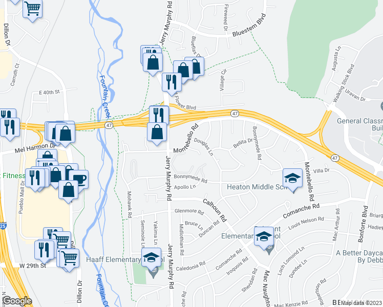 map of restaurants, bars, coffee shops, grocery stores, and more near 12 Pineridge Court in Pueblo