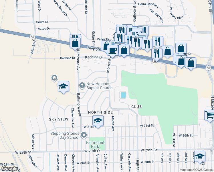 map of restaurants, bars, coffee shops, grocery stores, and more near 3309 Morris Avenue in Pueblo
