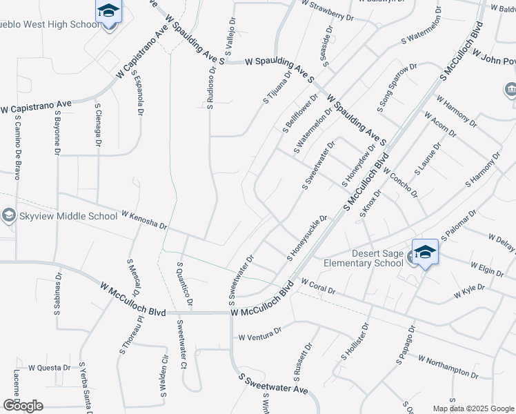 map of restaurants, bars, coffee shops, grocery stores, and more near 895 South Bellflower Drive in Pueblo West
