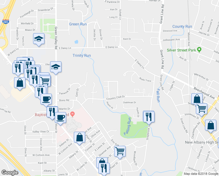 map of restaurants, bars, coffee shops, grocery stores, and more near 142 Village Drive West in New Albany