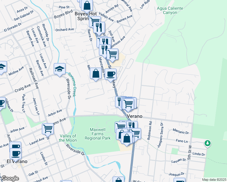 map of restaurants, bars, coffee shops, grocery stores, and more near 111 Encinas Lane in Sonoma