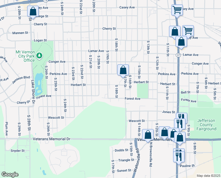 map of restaurants, bars, coffee shops, grocery stores, and more near 1303 South 18th Street in Mount Vernon