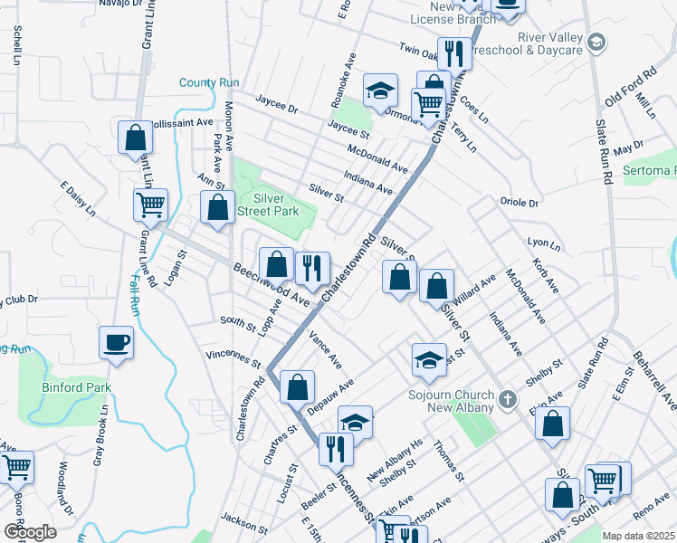 map of restaurants, bars, coffee shops, grocery stores, and more near 2113 Charlestown Road in New Albany