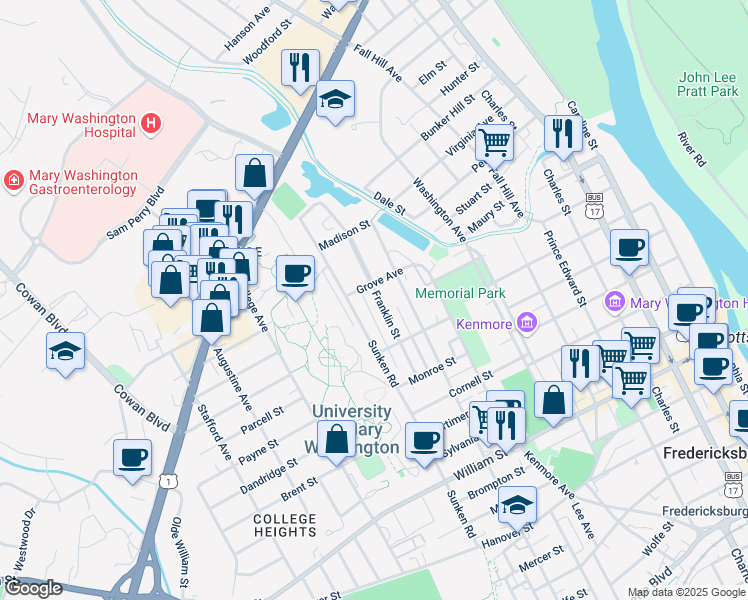 map of restaurants, bars, coffee shops, grocery stores, and more near 1428 Franklin Street in Fredericksburg