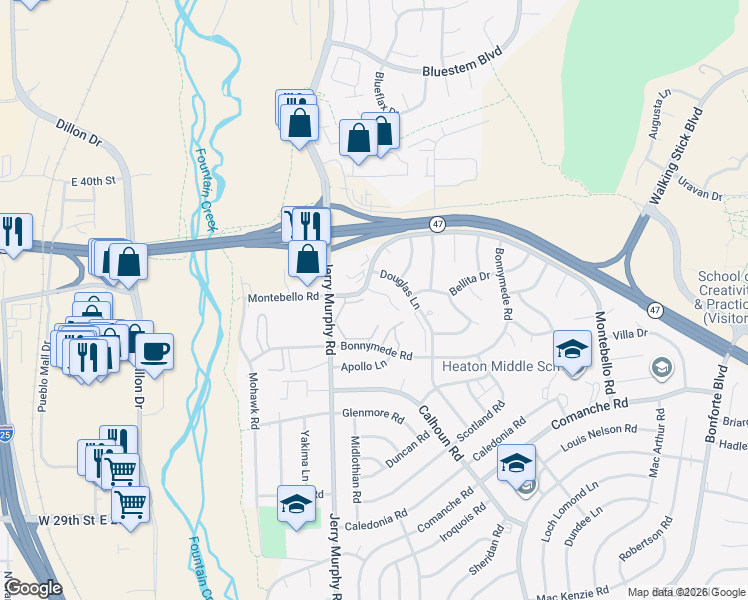map of restaurants, bars, coffee shops, grocery stores, and more near 10 Pineridge Court in Pueblo