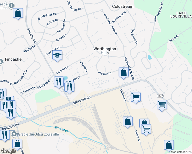 map of restaurants, bars, coffee shops, grocery stores, and more near 12202 Hideaway Court in Worthington Hills