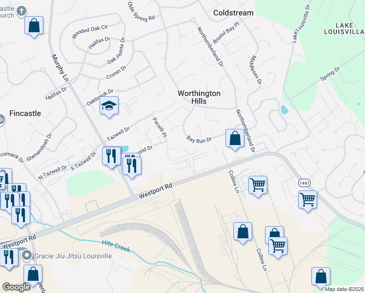 map of restaurants, bars, coffee shops, grocery stores, and more near 12202 Hideaway Court in Worthington Hills