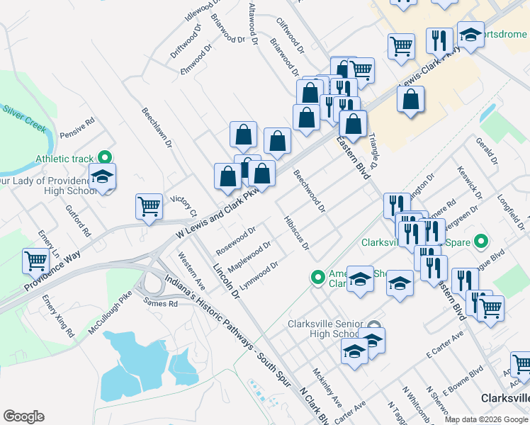 map of restaurants, bars, coffee shops, grocery stores, and more near 303 Rosewood Drive in Clarksville