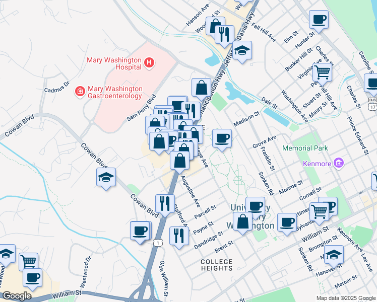 map of restaurants, bars, coffee shops, grocery stores, and more near 1210 Snowden Street in Fredericksburg