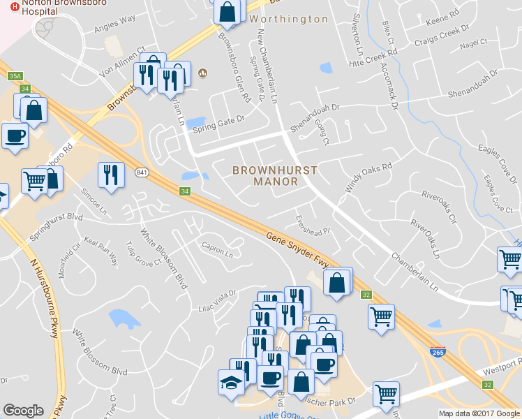 map of restaurants, bars, coffee shops, grocery stores, and more near 4200 Holly Tree Drive in Louisville