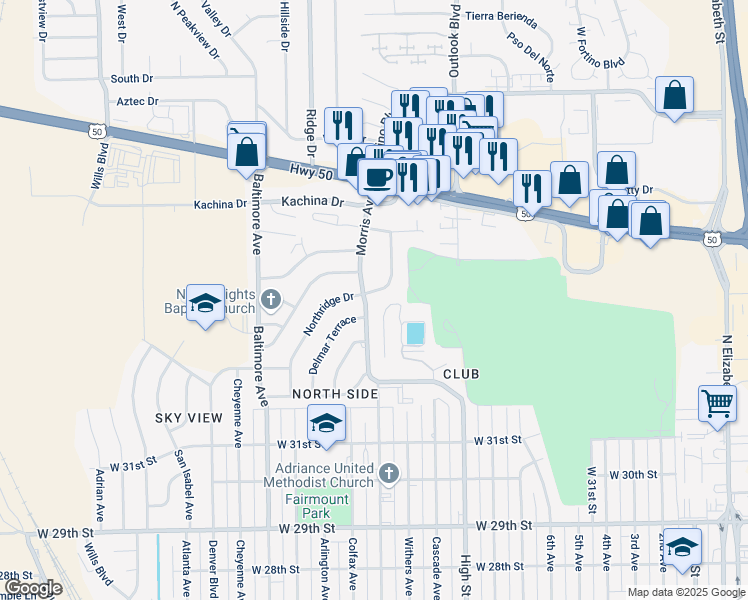 map of restaurants, bars, coffee shops, grocery stores, and more near 3309 Morris Ave in Pueblo