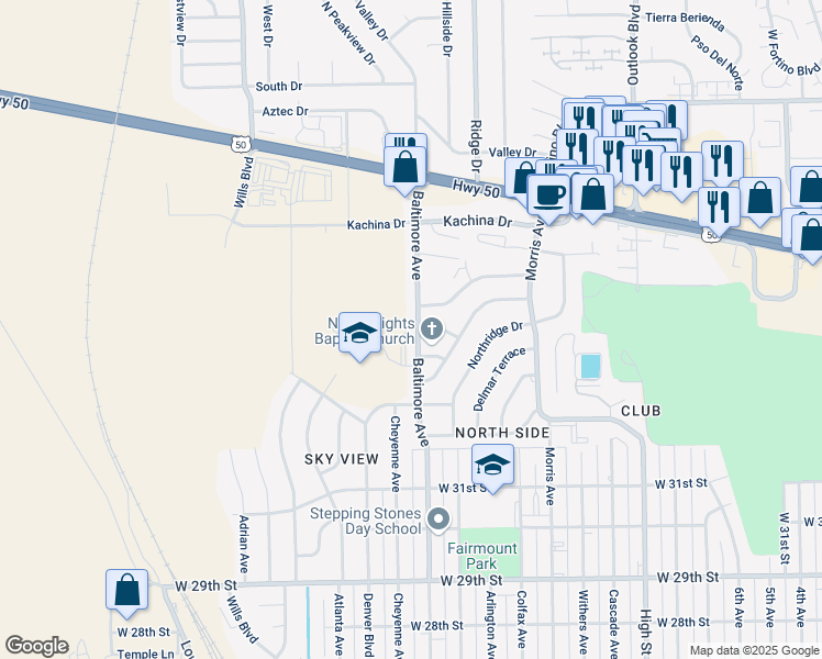 map of restaurants, bars, coffee shops, grocery stores, and more near 3405 Baltimore Avenue in Pueblo