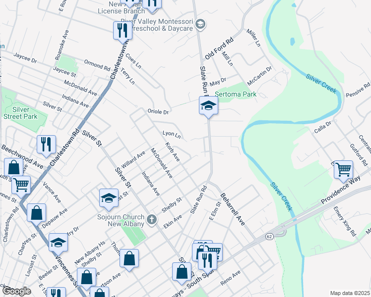 map of restaurants, bars, coffee shops, grocery stores, and more near 2408 Mary Ann Drive in New Albany