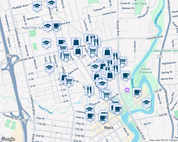 map of restaurants, bars, coffee shops, grocery stores, and more near 1846 Main Street in Napa
