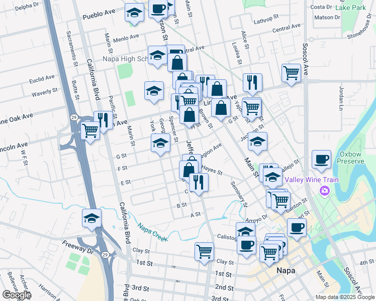 map of restaurants, bars, coffee shops, grocery stores, and more near in Napa