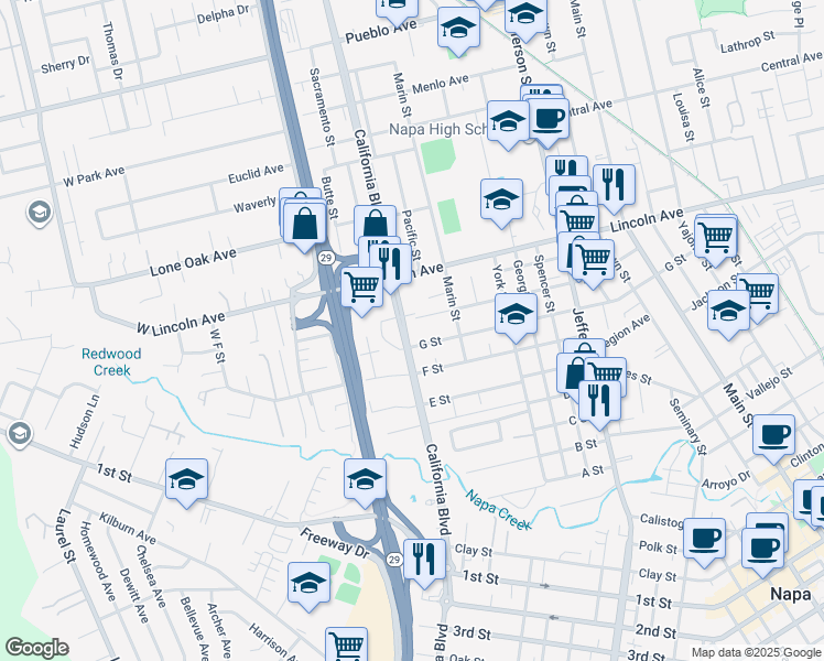 map of restaurants, bars, coffee shops, grocery stores, and more near 1750 G Street in Napa