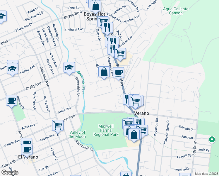 map of restaurants, bars, coffee shops, grocery stores, and more near 18869 Fairview Lane in Sonoma