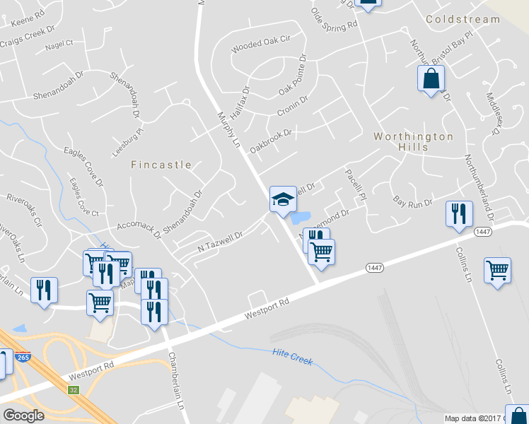 map of restaurants, bars, coffee shops, grocery stores, and more near 11531 North Tazwell Drive in Louisville