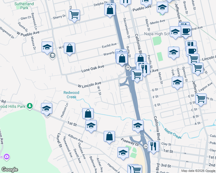 map of restaurants, bars, coffee shops, grocery stores, and more near 2071 West Lincoln Avenue in Napa
