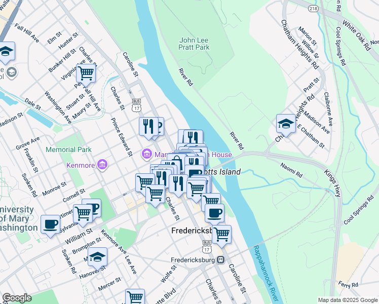map of restaurants, bars, coffee shops, grocery stores, and more near 1110 Sophia Street in Fredericksburg