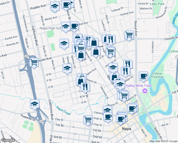 map of restaurants, bars, coffee shops, grocery stores, and more near 1200 Legion Avenue in Napa