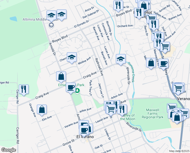 map of restaurants, bars, coffee shops, grocery stores, and more near 18754 Park Tree Lane in Sonoma