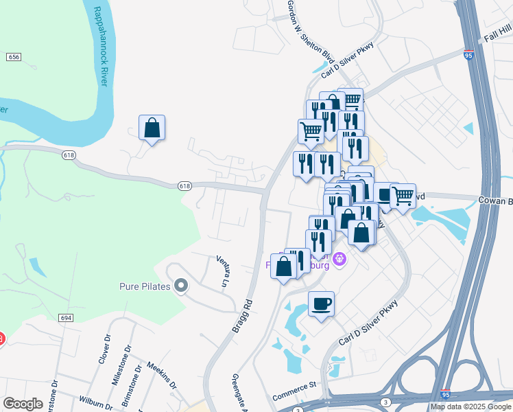 map of restaurants, bars, coffee shops, grocery stores, and more near 5300 River Road in Fredericksburg