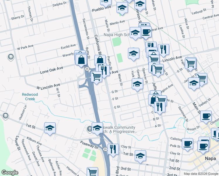 map of restaurants, bars, coffee shops, grocery stores, and more near 1750 G Street in Napa
