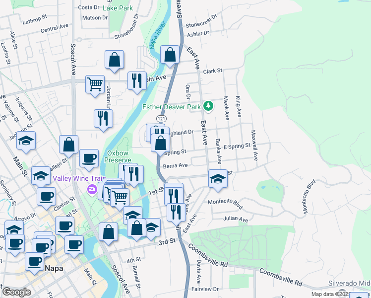 map of restaurants, bars, coffee shops, grocery stores, and more near 90 Spring Street in Napa