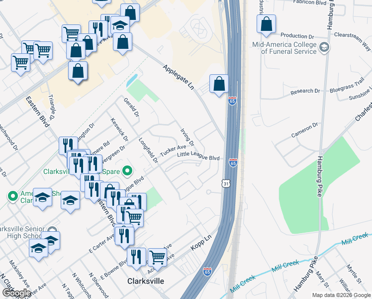 map of restaurants, bars, coffee shops, grocery stores, and more near 626 Tucker Avenue in Clarksville