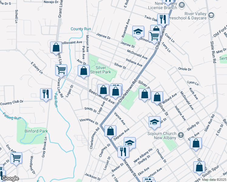 map of restaurants, bars, coffee shops, grocery stores, and more near 1328 Lincoln Avenue in New Albany