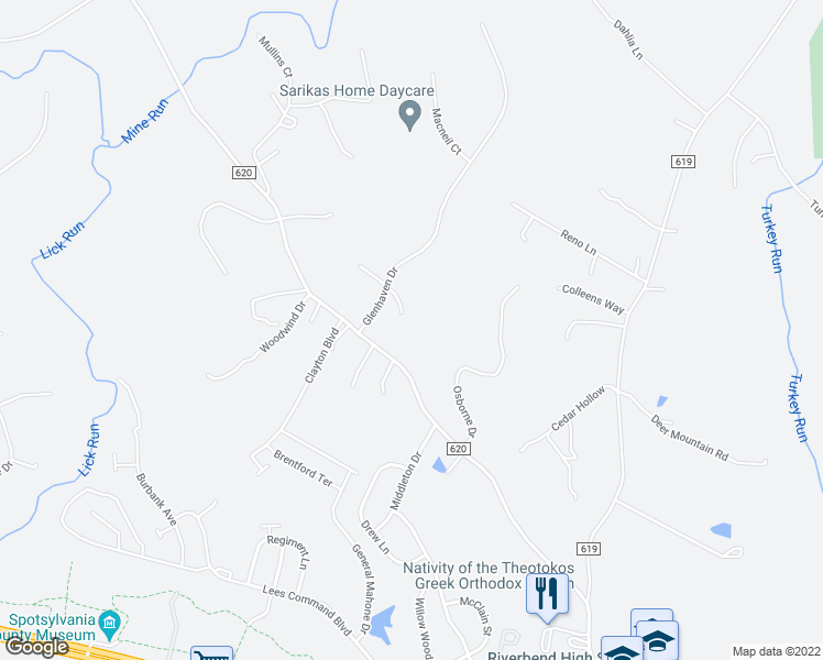 map of restaurants, bars, coffee shops, grocery stores, and more near 12701 Maxwell Court in Fredericksburg