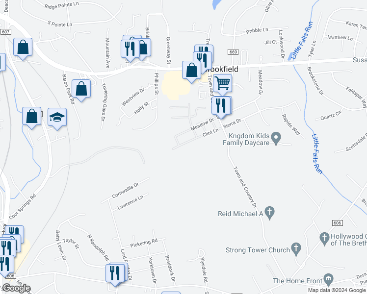map of restaurants, bars, coffee shops, grocery stores, and more near 601 Clint Lane in Fredericksburg