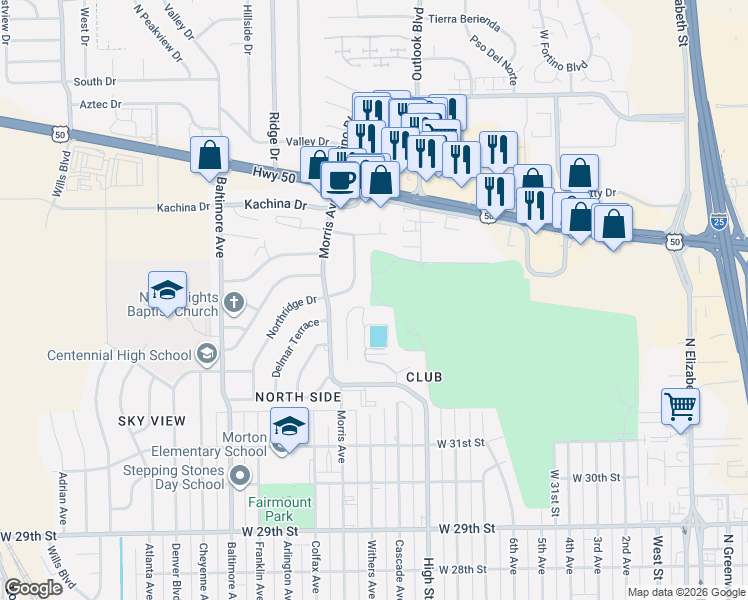 map of restaurants, bars, coffee shops, grocery stores, and more near 3404 Northridge Drive in Pueblo