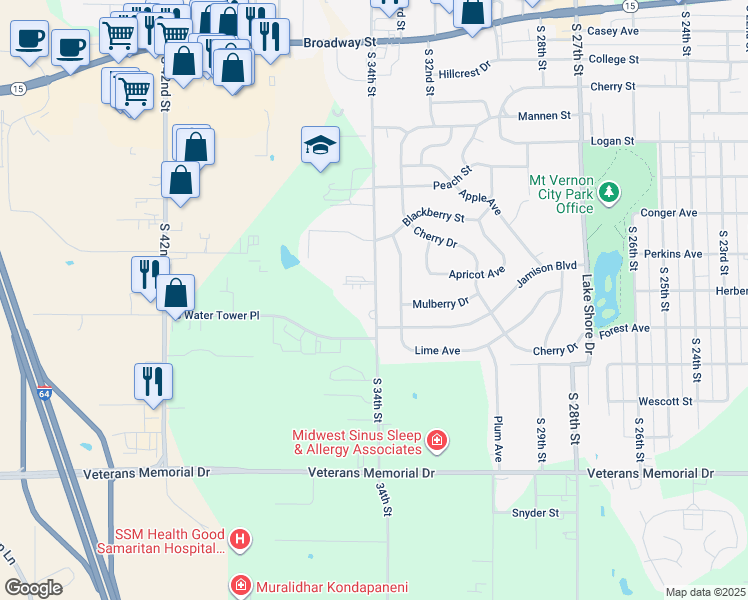 map of restaurants, bars, coffee shops, grocery stores, and more near 1007 South 34th Street in Mount Vernon