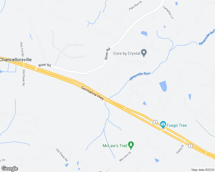 map of restaurants, bars, coffee shops, grocery stores, and more near 1007 9 Mile Run Drive in Fredericksburg
