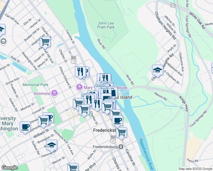 map of restaurants, bars, coffee shops, grocery stores, and more near 1107 Sophia Street in Fredericksburg