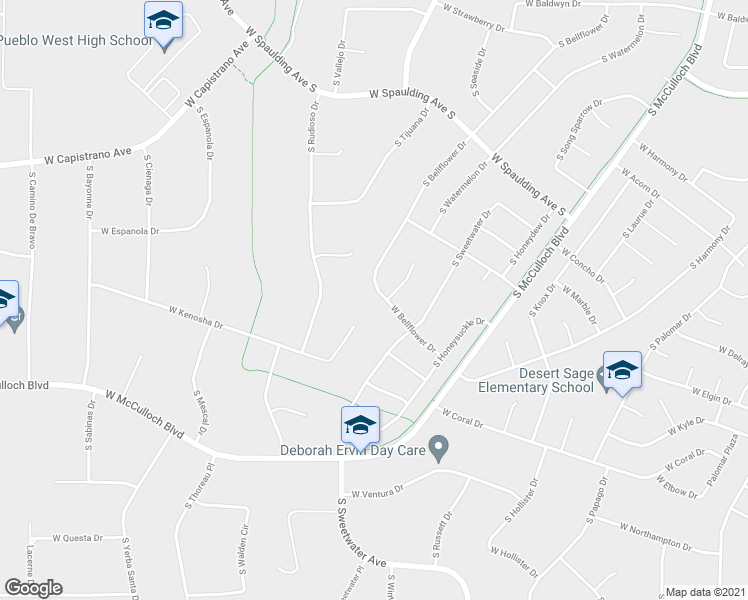 map of restaurants, bars, coffee shops, grocery stores, and more near 895 South Bellflower Drive in Pueblo West