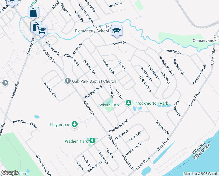 map of restaurants, bars, coffee shops, grocery stores, and more near 40 Forest Drive in Jeffersonville