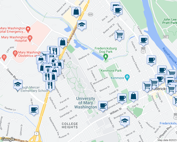 map of restaurants, bars, coffee shops, grocery stores, and more near 1430 Franklin Street in Fredericksburg