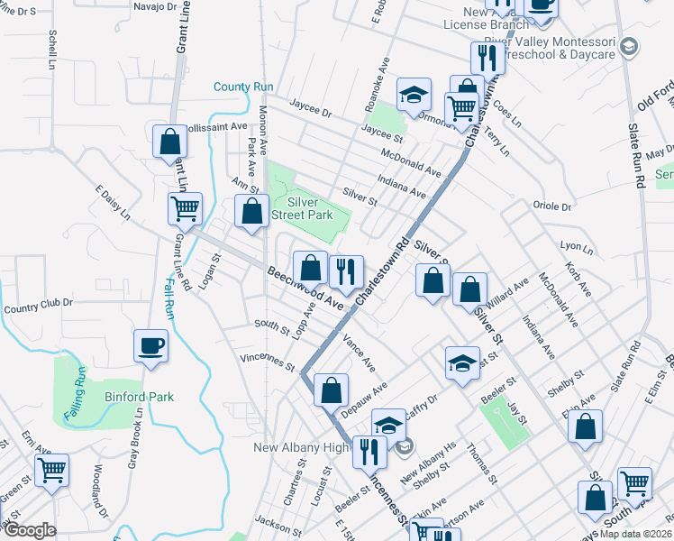 map of restaurants, bars, coffee shops, grocery stores, and more near 1328 Lincoln Avenue in New Albany