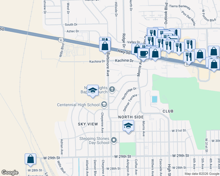 map of restaurants, bars, coffee shops, grocery stores, and more near 3405 Baltimore Avenue in Pueblo