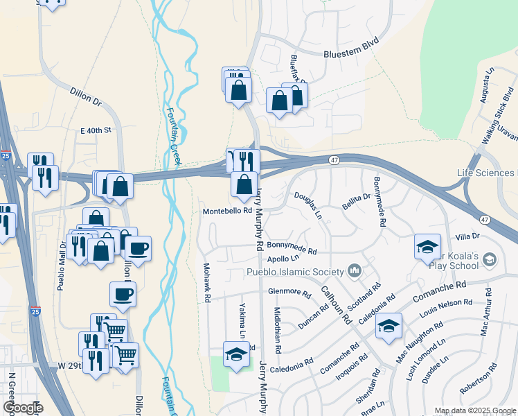 map of restaurants, bars, coffee shops, grocery stores, and more near Jerry Murphy Rd & Montebello Rd in Pueblo