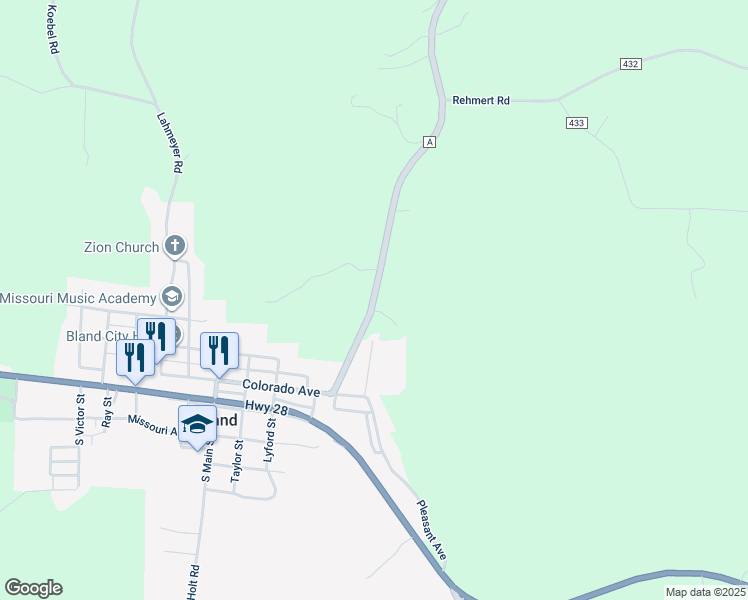 map of restaurants, bars, coffee shops, grocery stores, and more near State Highway A in Bland