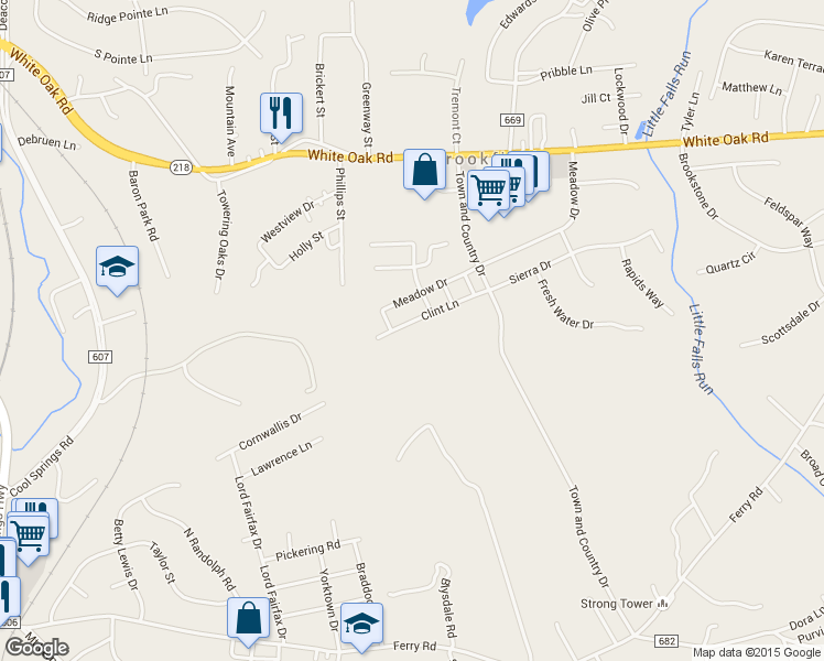 map of restaurants, bars, coffee shops, grocery stores, and more near 519 Clint Lane in Fredericksburg